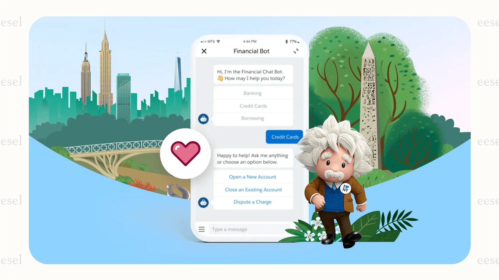 A screenshot of a Salesforce customer portal featuring an Einstein Bot, which provides several options to a user as part of its enterprise self-service solutions.