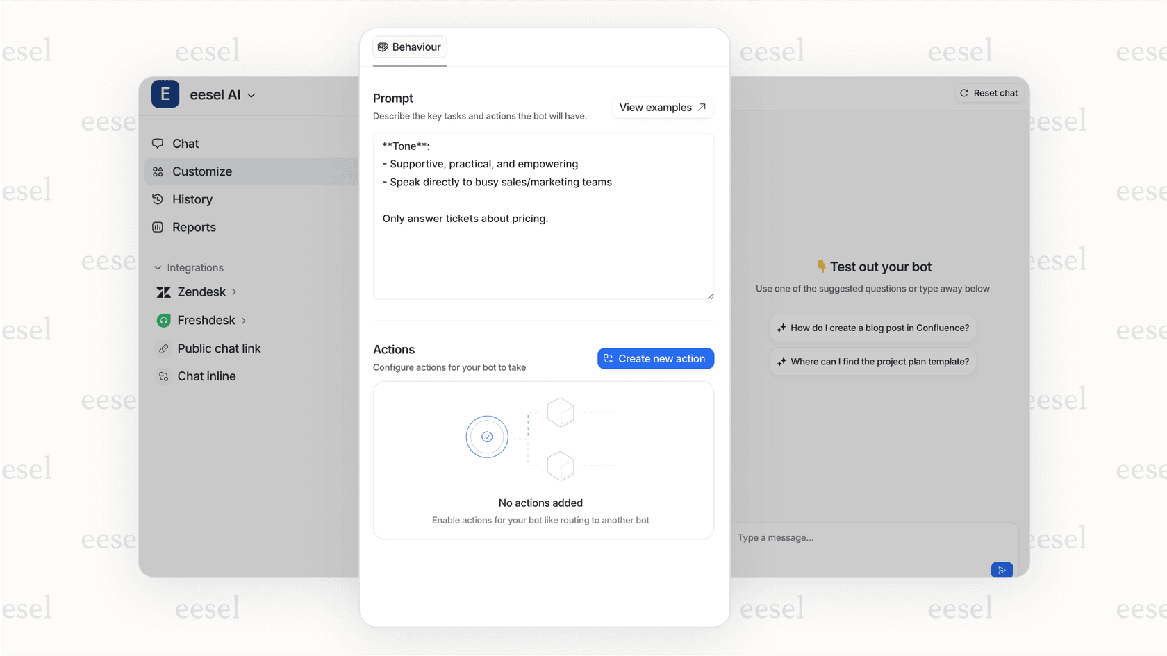 Screenshot of the eesel AI agent configuration screen showing a user typing a plain-English rule into a text box, such as