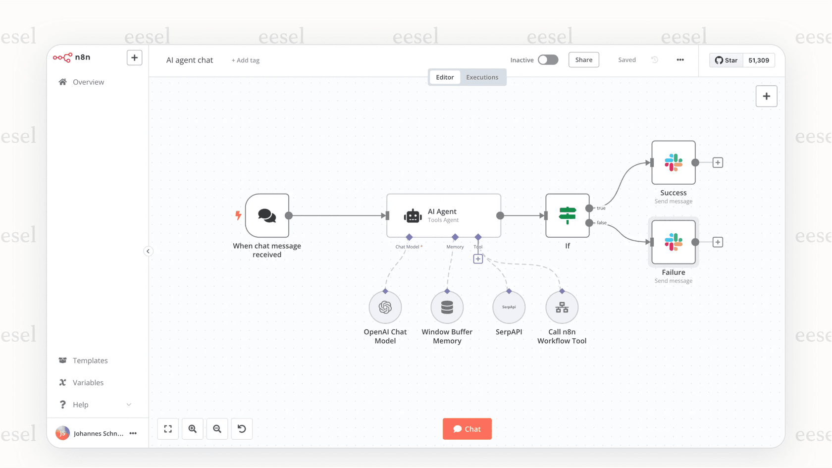 A screenshot of the n8n workflow editor, which can be used to set up WordPress integrations with n8n.