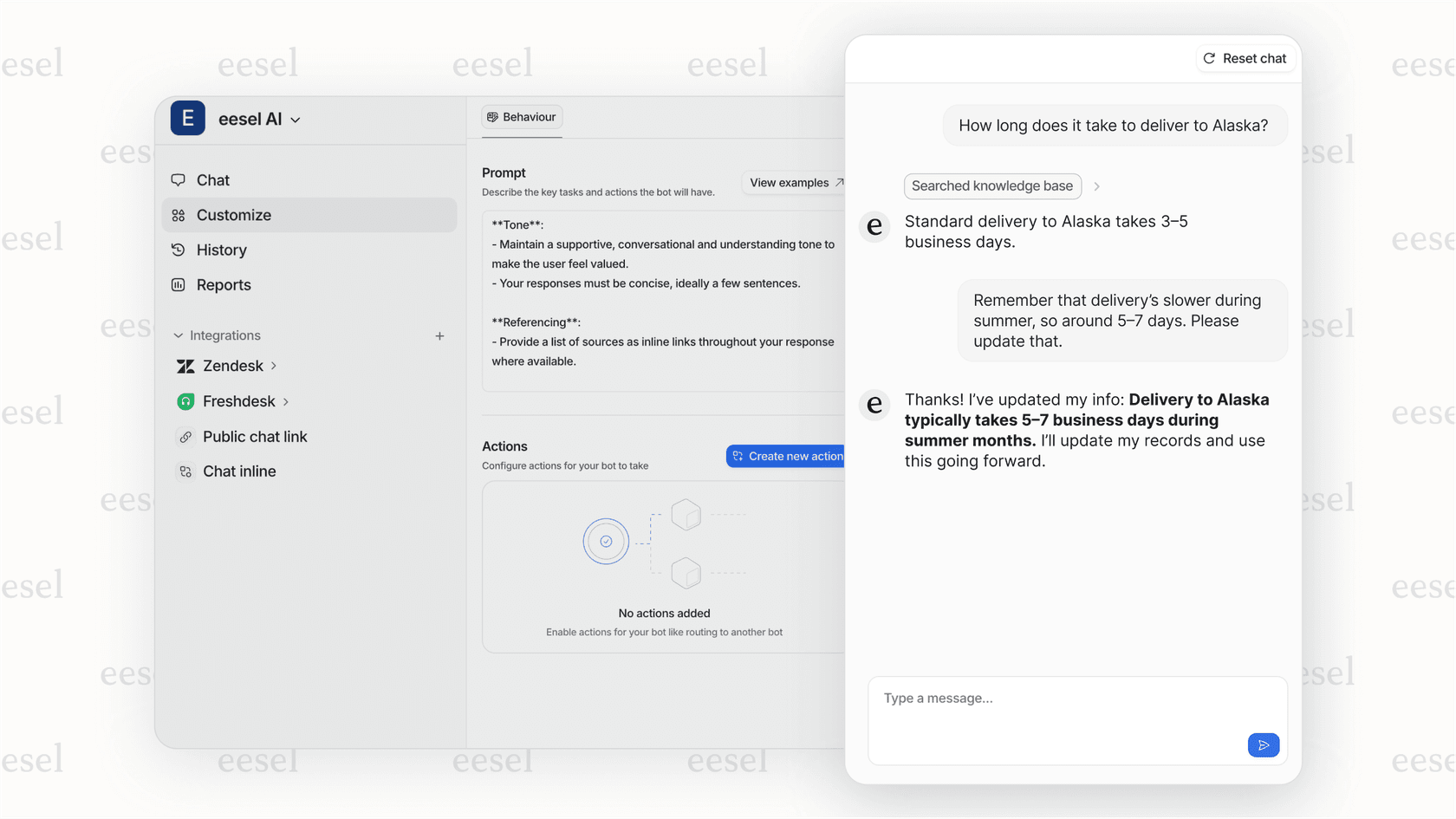 Simulation mode in eesel AI for testing how a Gorgias order status bot would have replied to historical tickets.