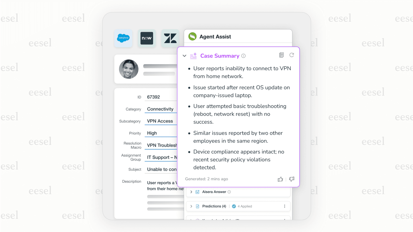 Aisera's AI service desk providing a ticket summary for agents