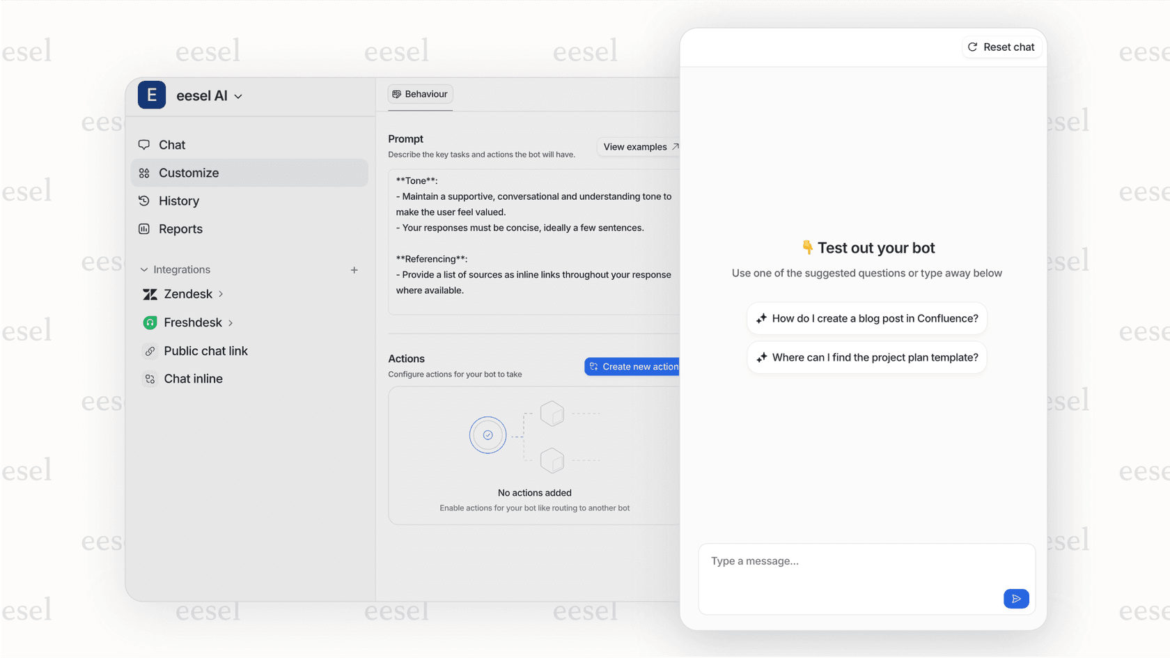 Screenshot of the eesel AI simulation results dashboard. It shows metrics like