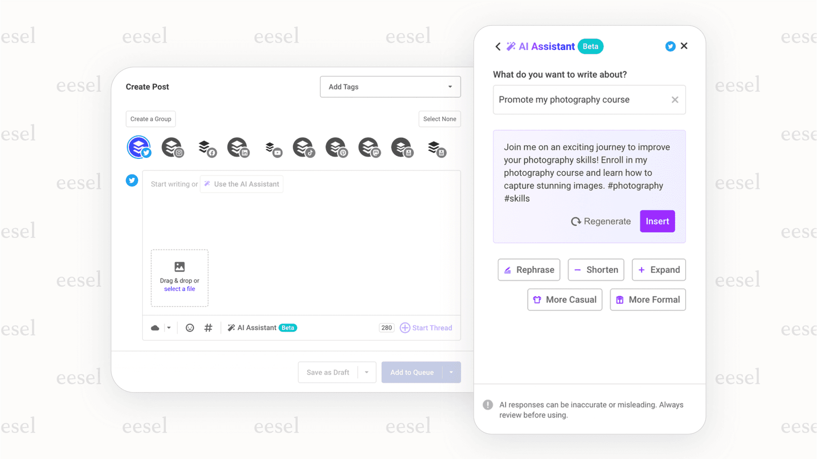 Brainstorming social media content with Buffer's AI.