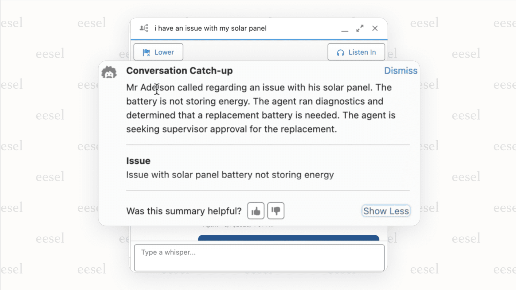 A screenshot of the Salesforce Service Cloud console where the Einstein AI feature has generated a concise summary of a long customer conversation, a time-saving benefit of AI for ticketing systems.