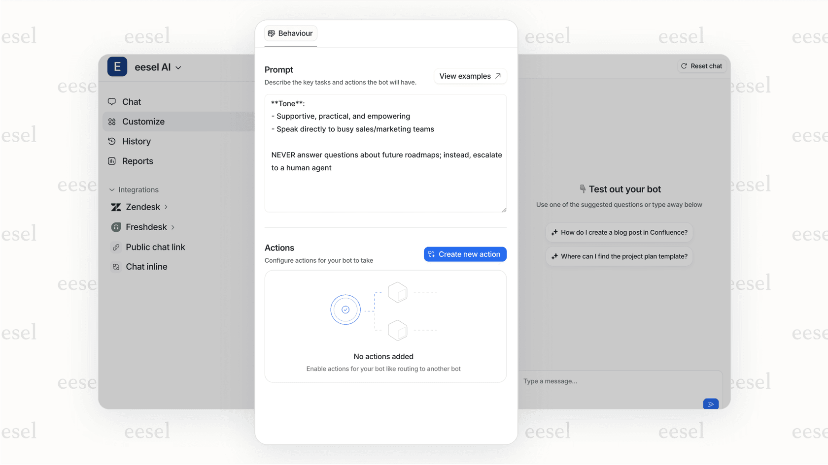 A screenshot of a platform where a manager is typing a rule like, "Never answer questions about future roadmaps; instead, escalate to a human agent," demonstrating human-in-the-loop control for proactive customer engagement.