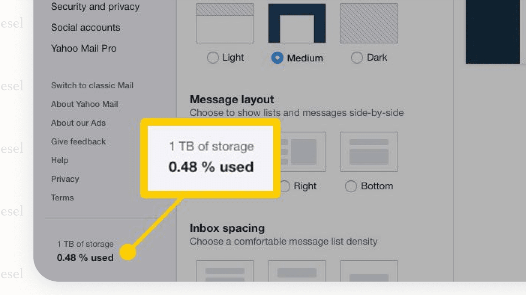 A screenshot of the Yahoo Mail interface highlighting its 1TB of free storage, making it one of the most generous free gmail alternatives available, as seen on Yahoo Mail.