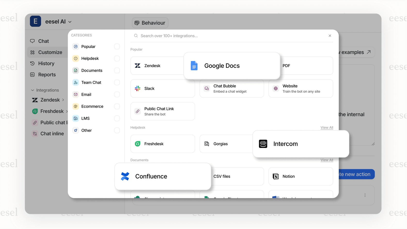 An image showing logos of popular help desks that eesel AI integrates with, demonstrating the same integrated philosophy seen with Nano Banana and the Gemini app.