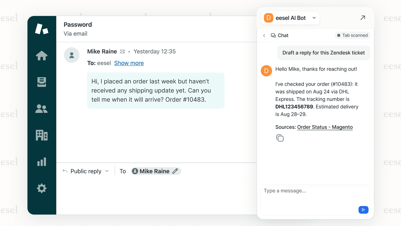 An AI agent from eesel AI automatically handling a customer inquiry, showing how automation can manage rising support costs.