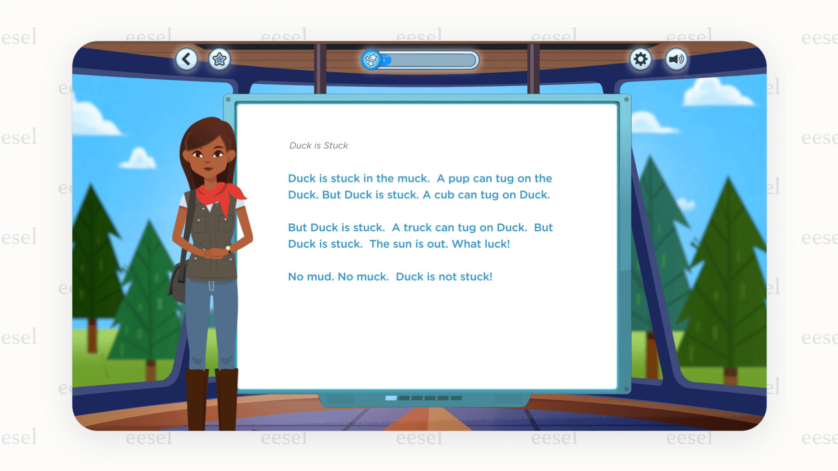 The user interface of the Amira Learning app, which is one of the most focused ai education platforms, showing an AI tutor helping a child with reading fluency.