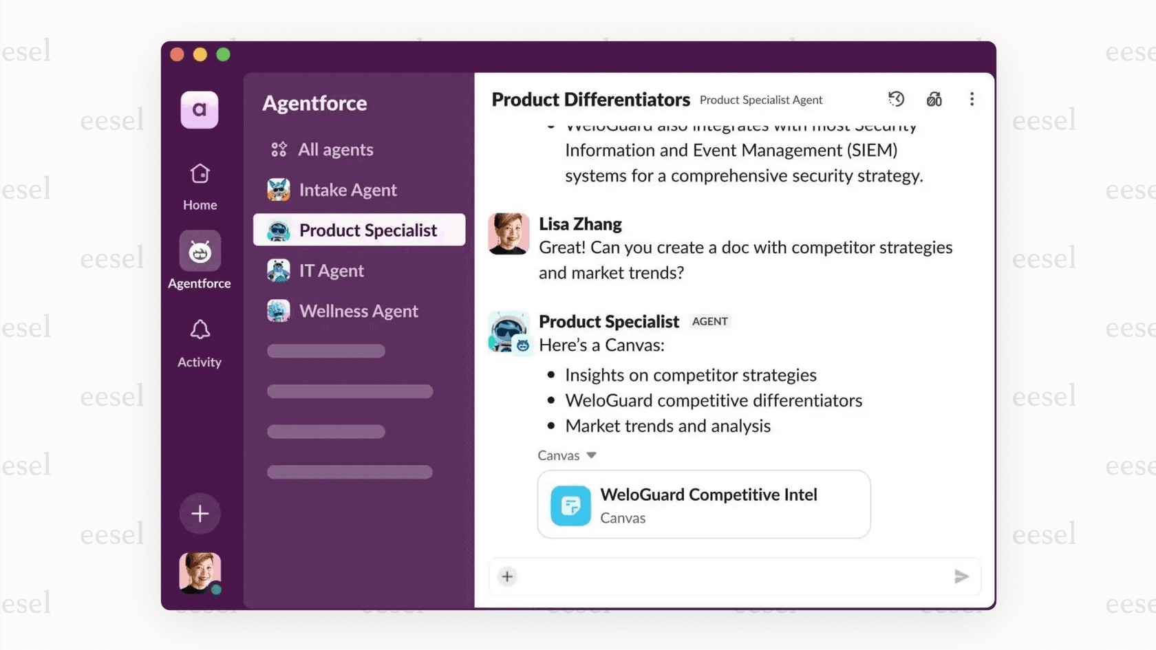 An Agentforce AI agent handling a data request within Slack.