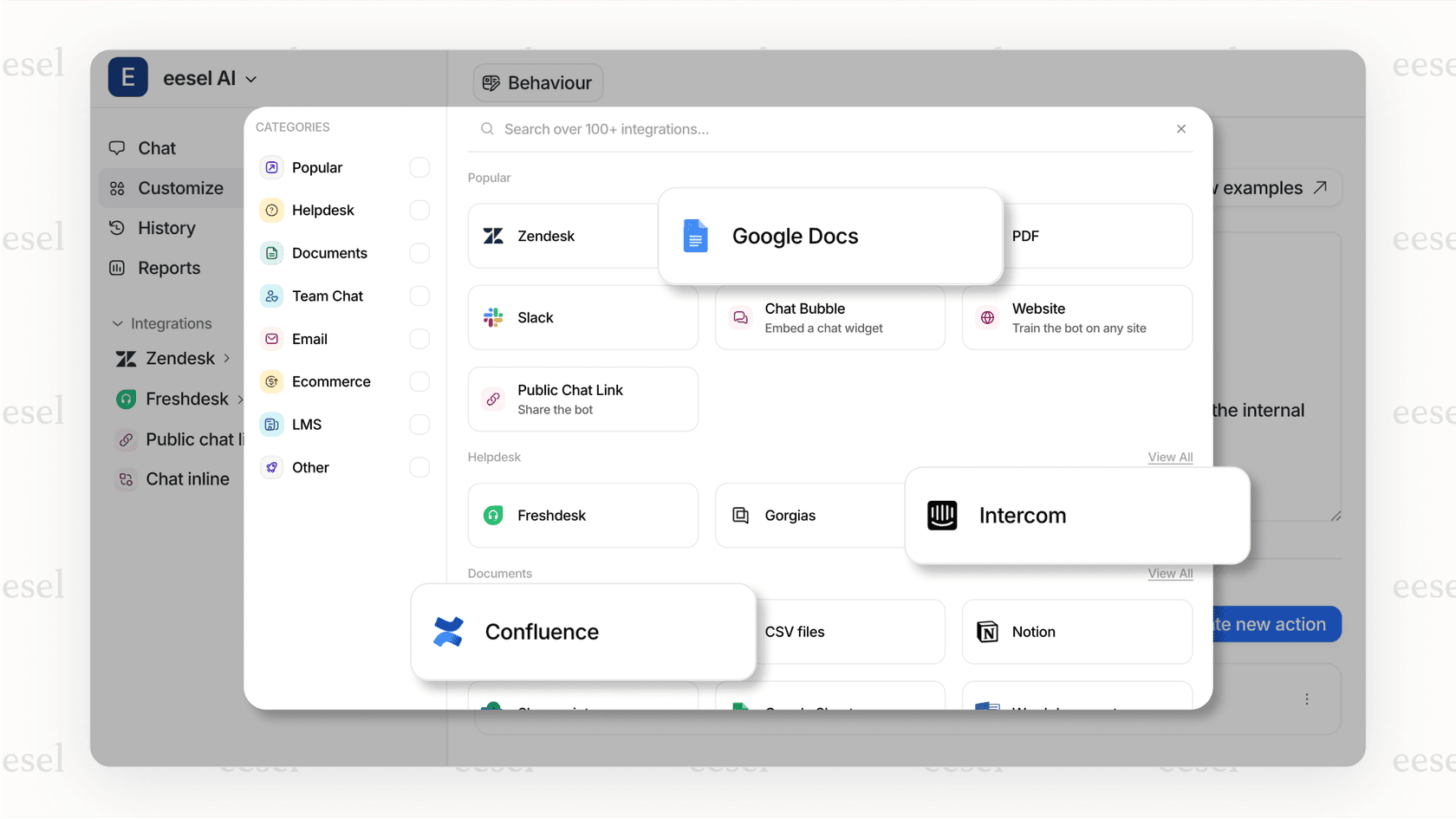 A screenshot of the eesel AI integrations page displaying logos of Zendesk, Slack, and Confluence, highlighting how to connect data sources for effective proactive customer engagement.
