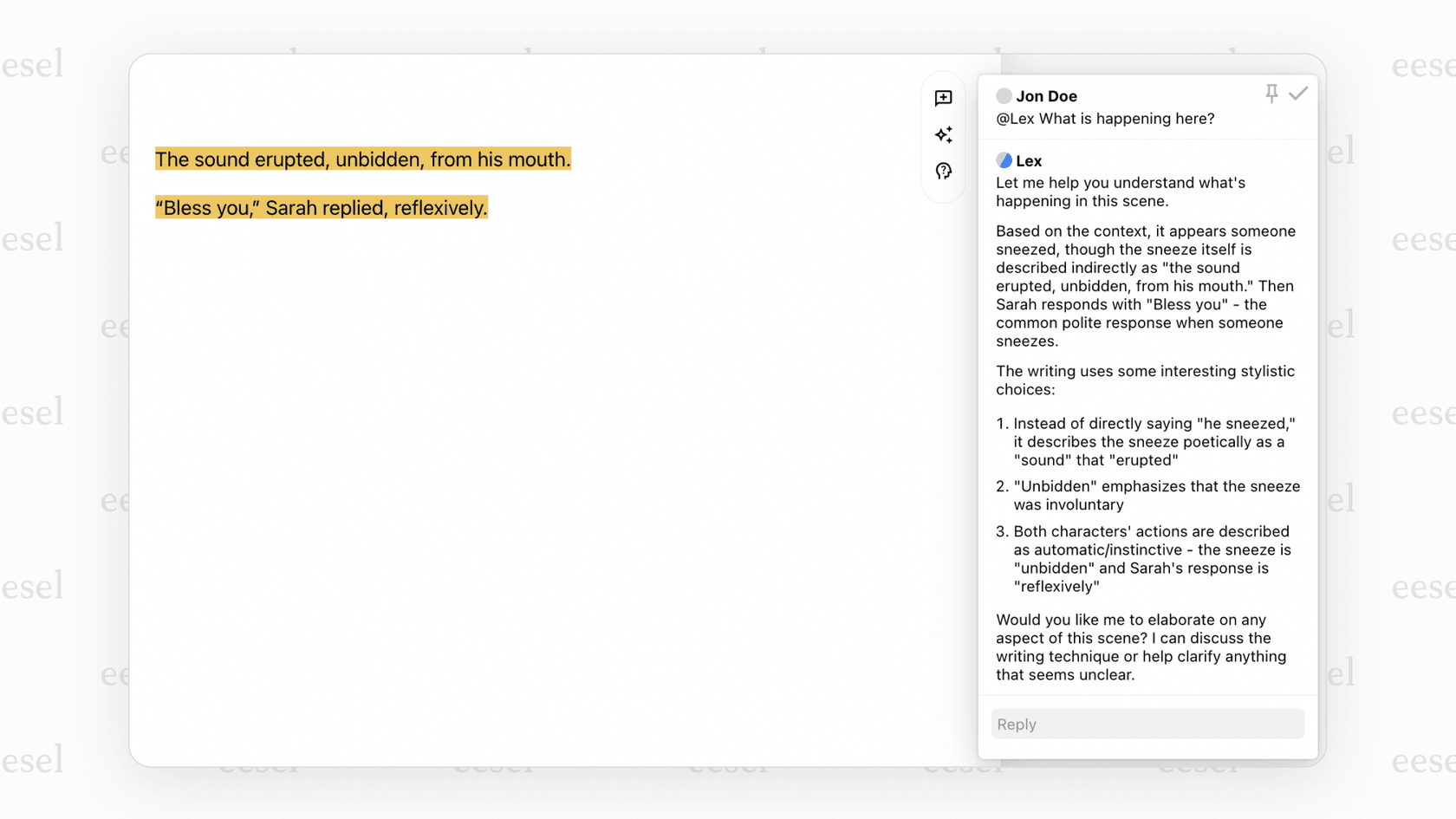 The clean, distraction-free editor of the Lex AI tool in writing, with the AI offering a suggestion to improve a highlighted sentence.