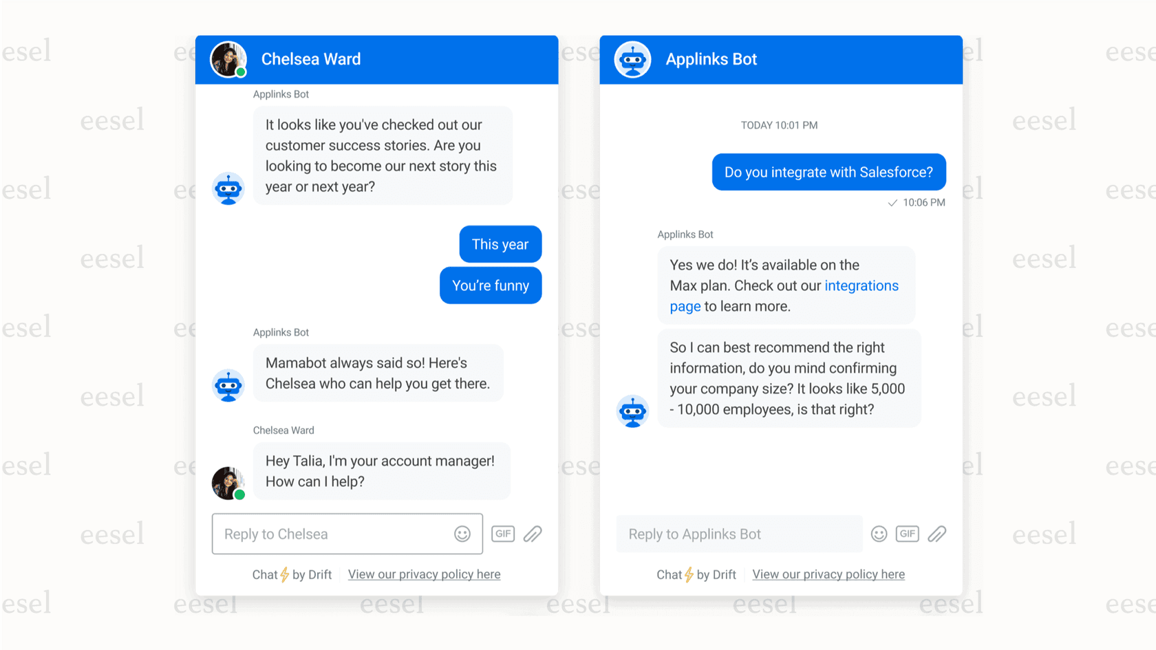 Drift's live chat software qualifying leads and booking meetings.