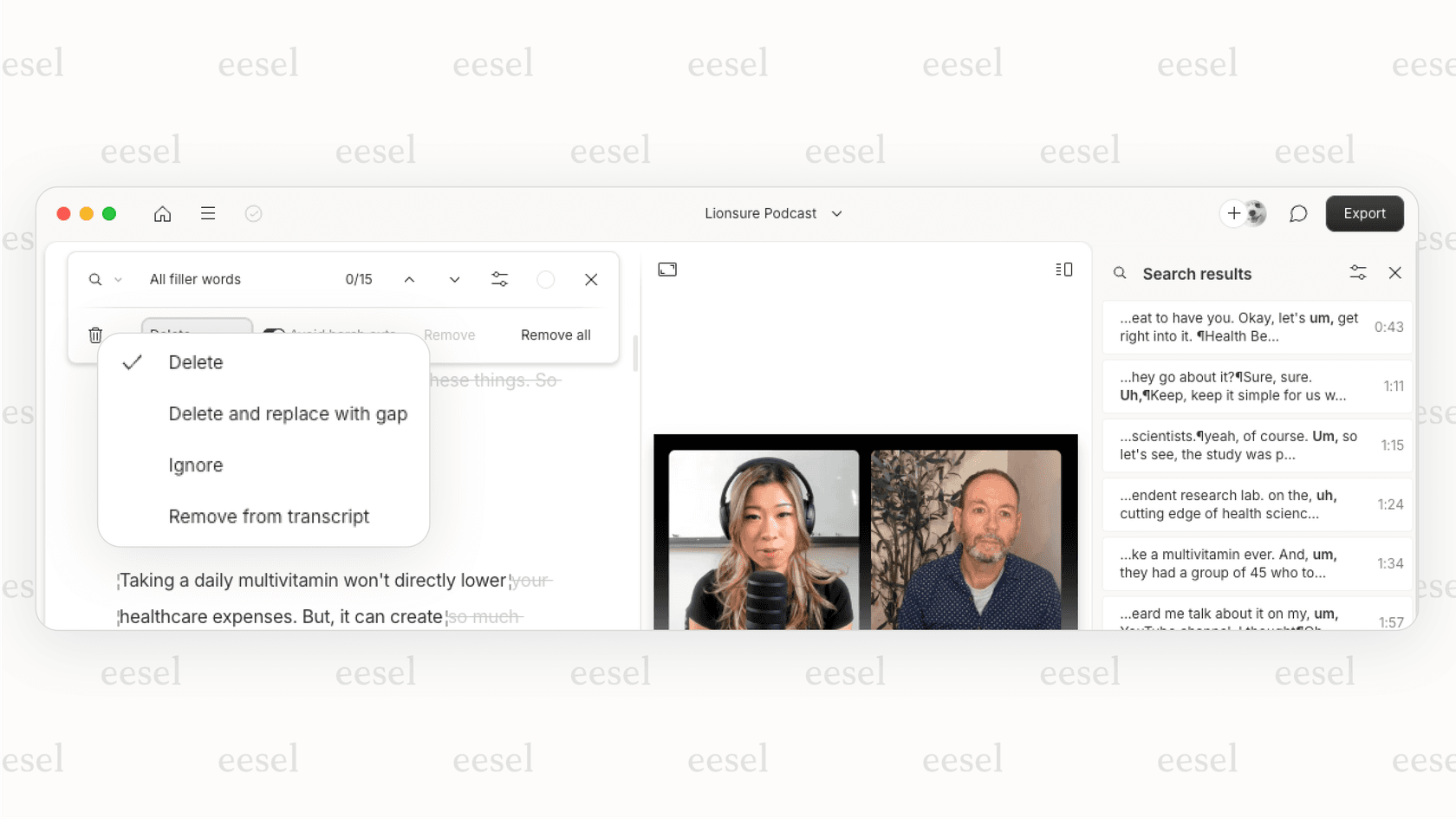 A screenshot of the Descript app, an AI productivity tool for video editing, showing a transcript of a video. The user is deleting a word from the text, and the corresponding segment in the video timeline below is also being removed.