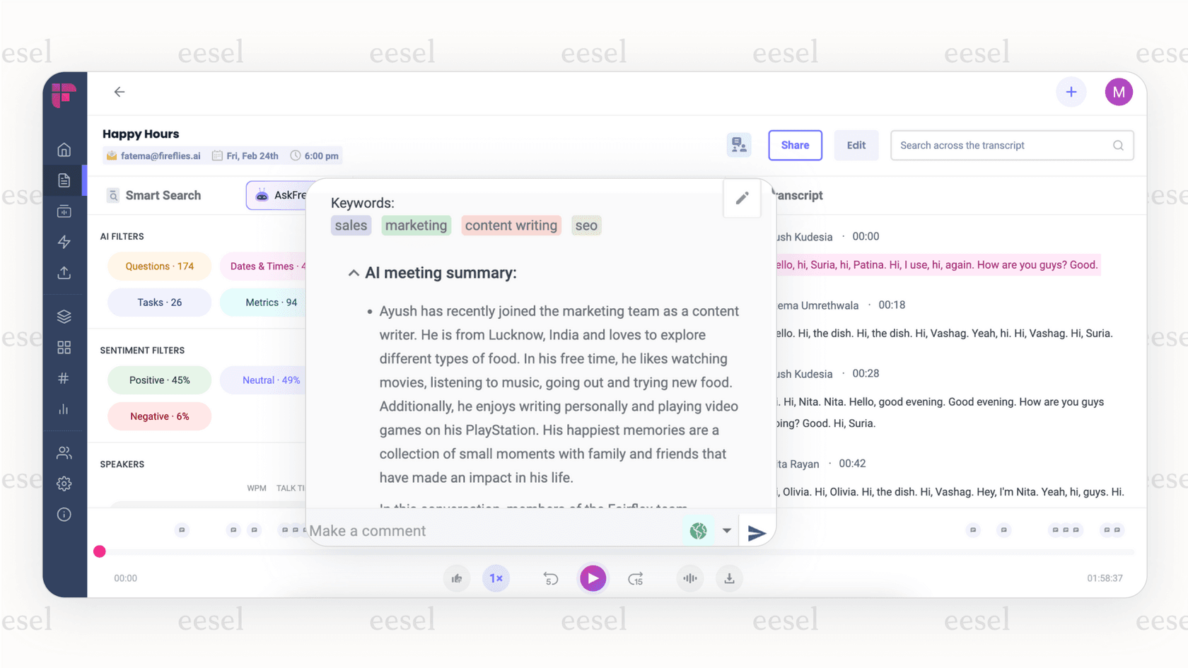 Fireflies.ai meeting summaries for AI project management tools.