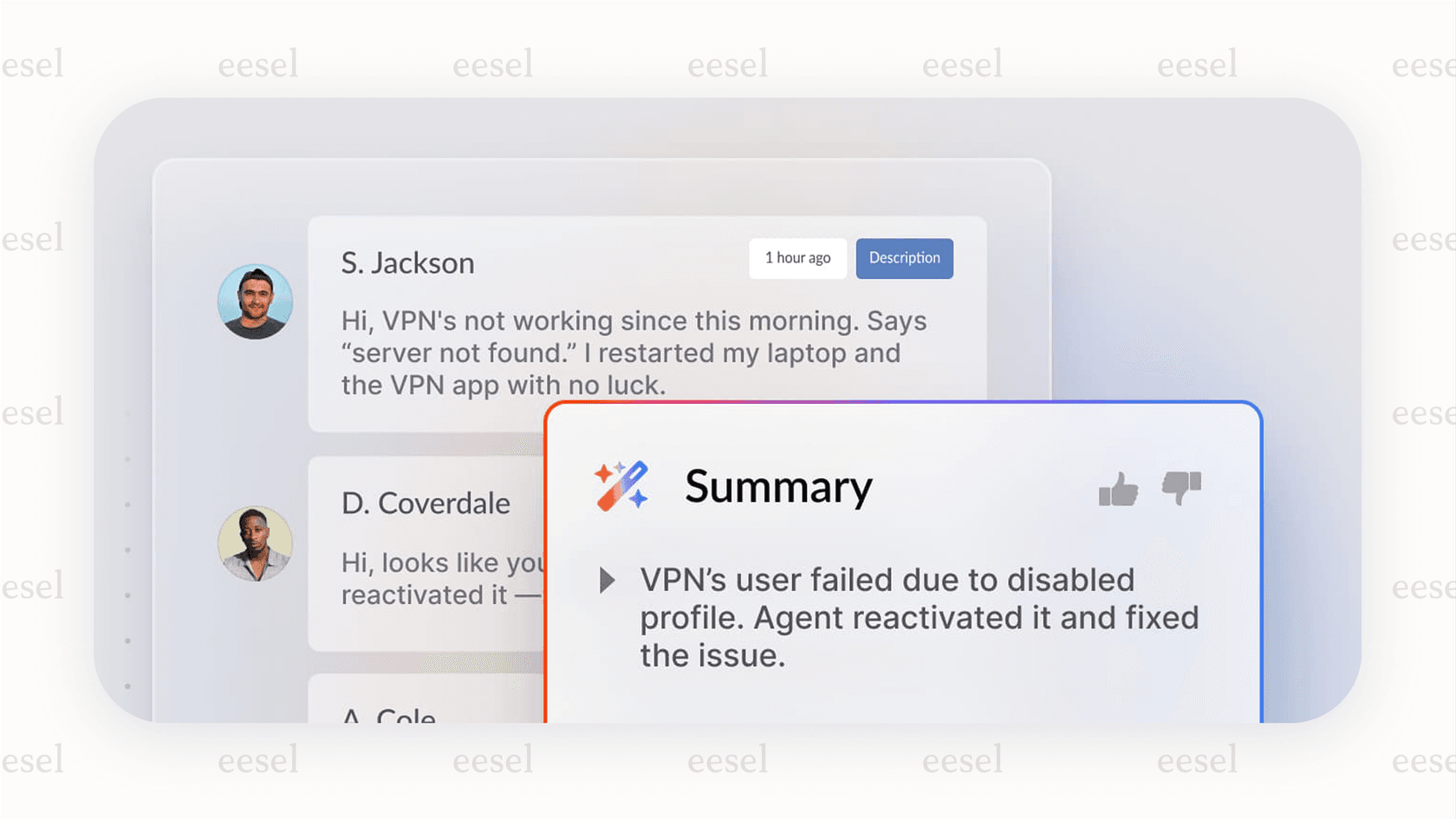 The agent interface of the Invgate AI service desk, highlighting the one-click AI summary feature that helps agents quickly understand ticket context.