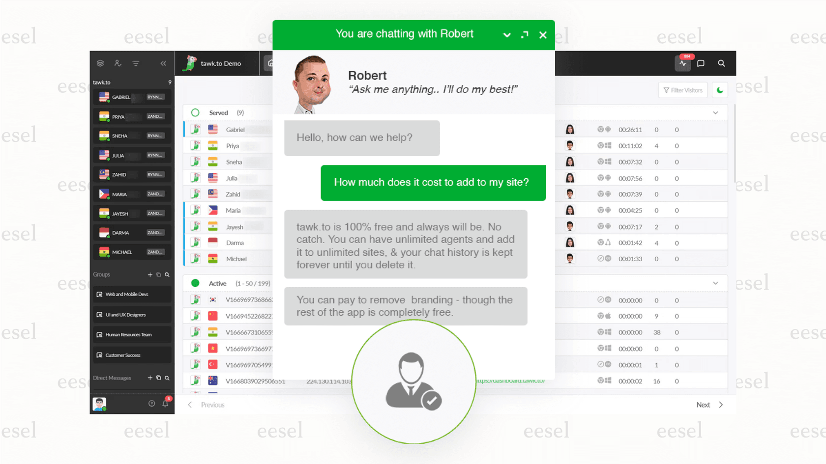 The dashboard of the free Tawk.to live chat software.