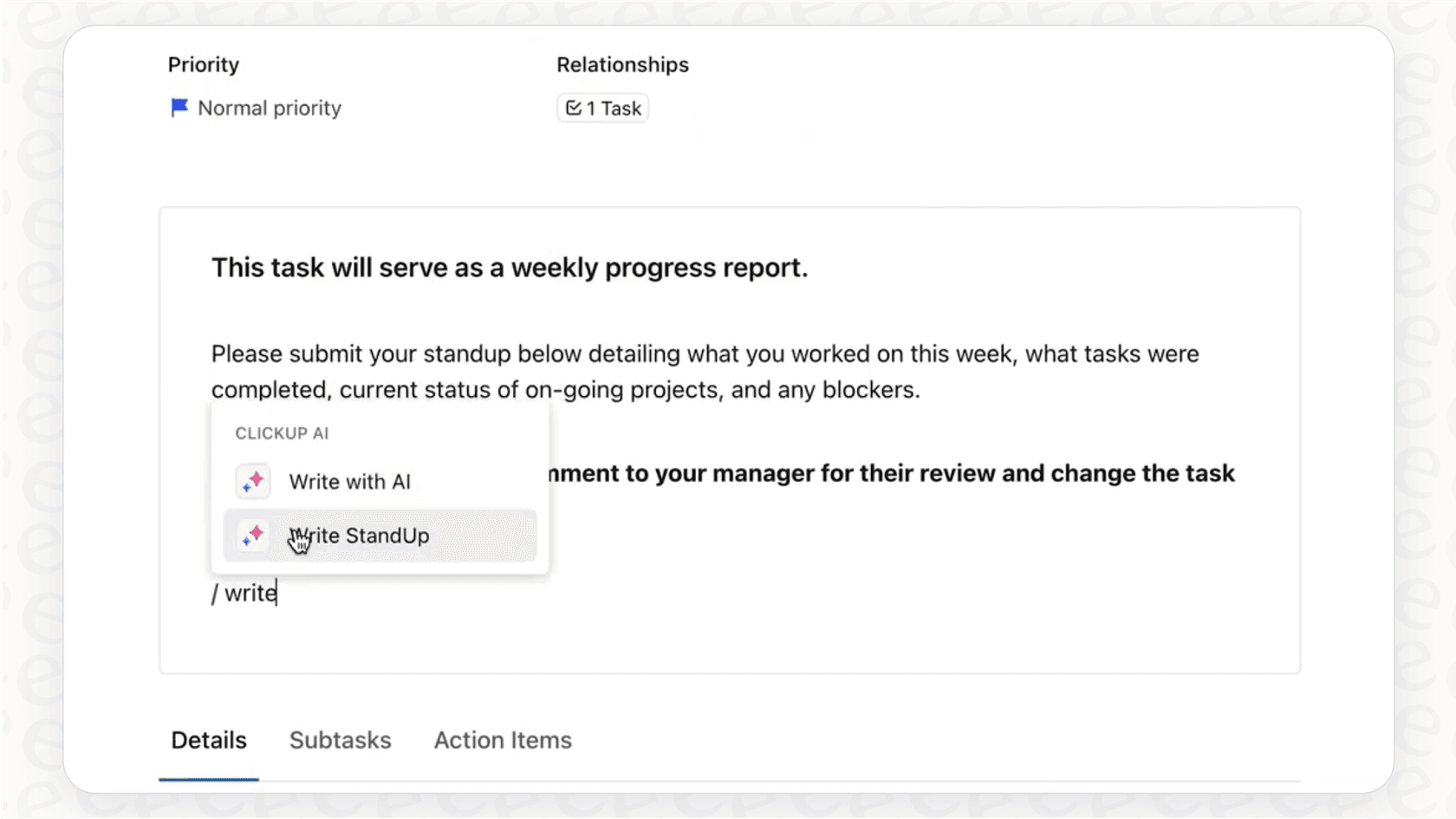 Screenshot of an automatically generated project stand-up summary created by ClickUp Brain, listing progress and blockers.