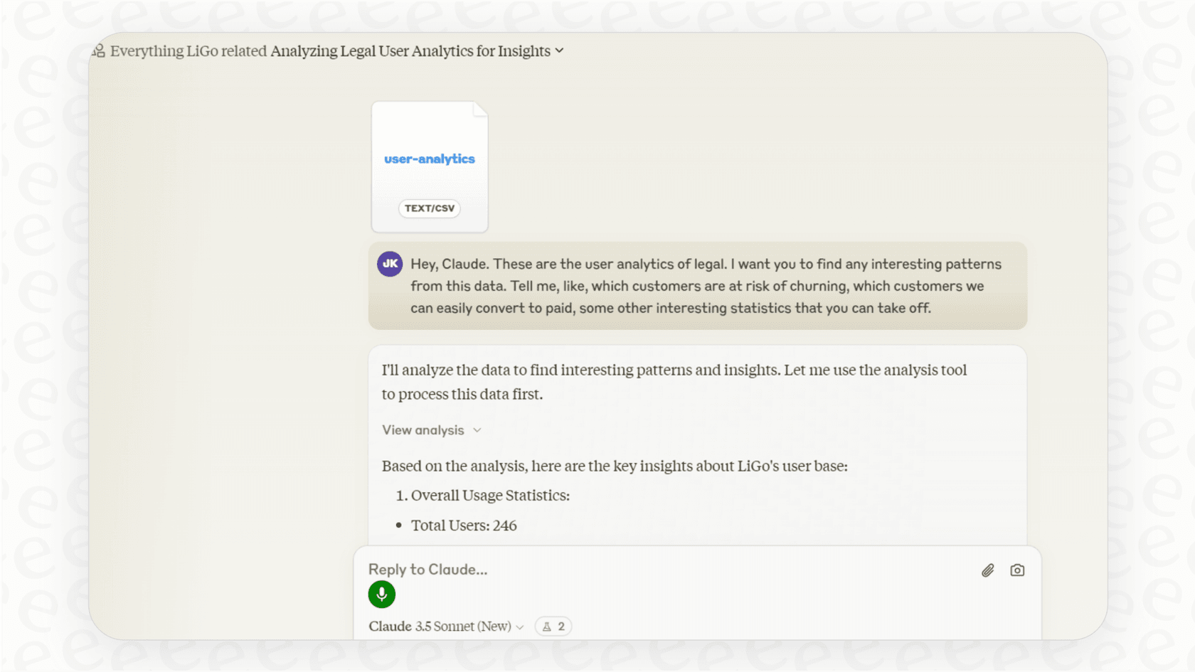 A screenshot of the Claude interface demonstrating a Claude analysis being performed on a CSV file to find data trends.