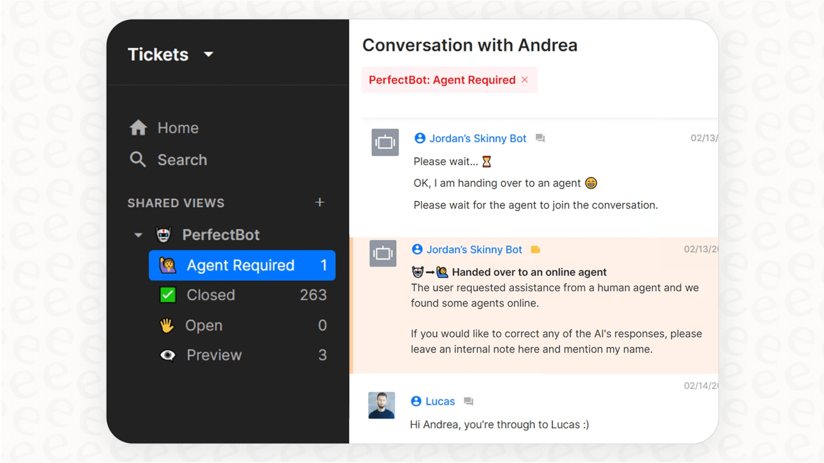 A screenshot of the Gorgias help desk demonstrating how Perfectbot appears as an AI agent in the support team list. A great example of how to integrate AI with Gorgias using third-party apps.