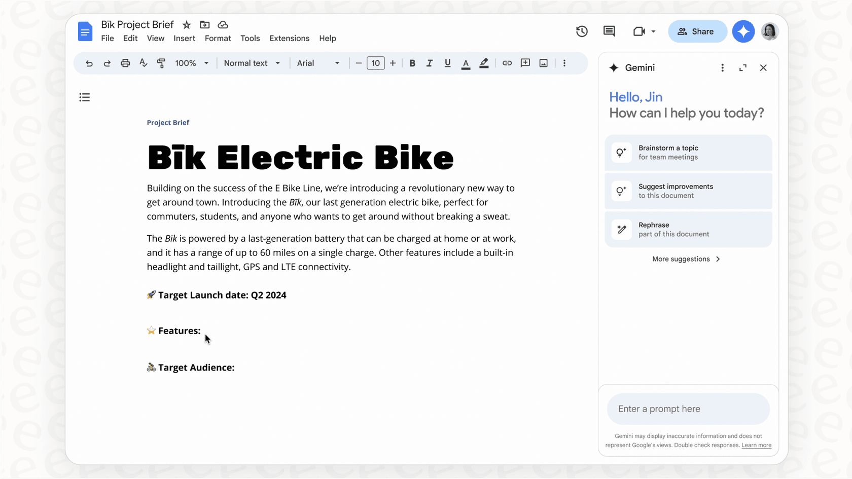 Screenshot showing the Gemini AI side panel within Google Docs, a key feature of the Gemini Workspace pricing model.