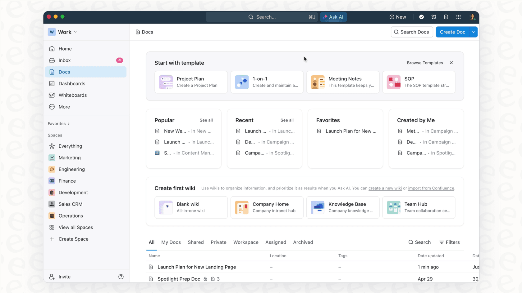 A screenshot of the ClickUp user interface, illustrating the all-in-one features that are factored into the ClickUp pricing.