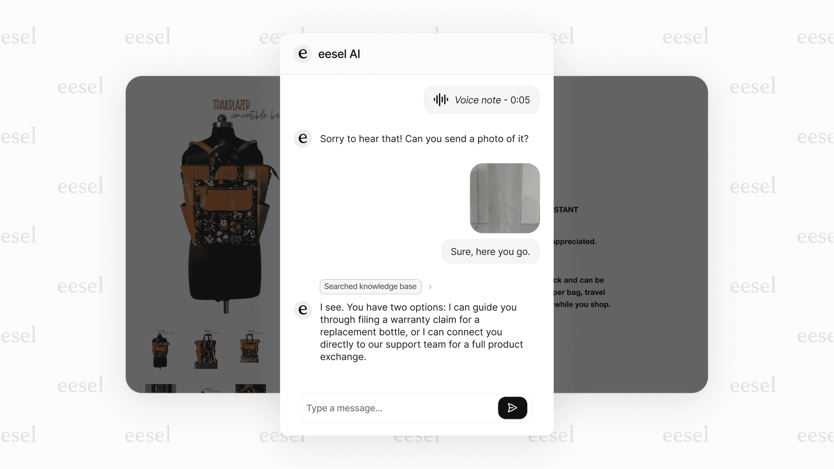 Screenshot demonstrating the image input capability of gpt-realtime, where a customer sends a picture of a broken product to an AI voice agent for help.