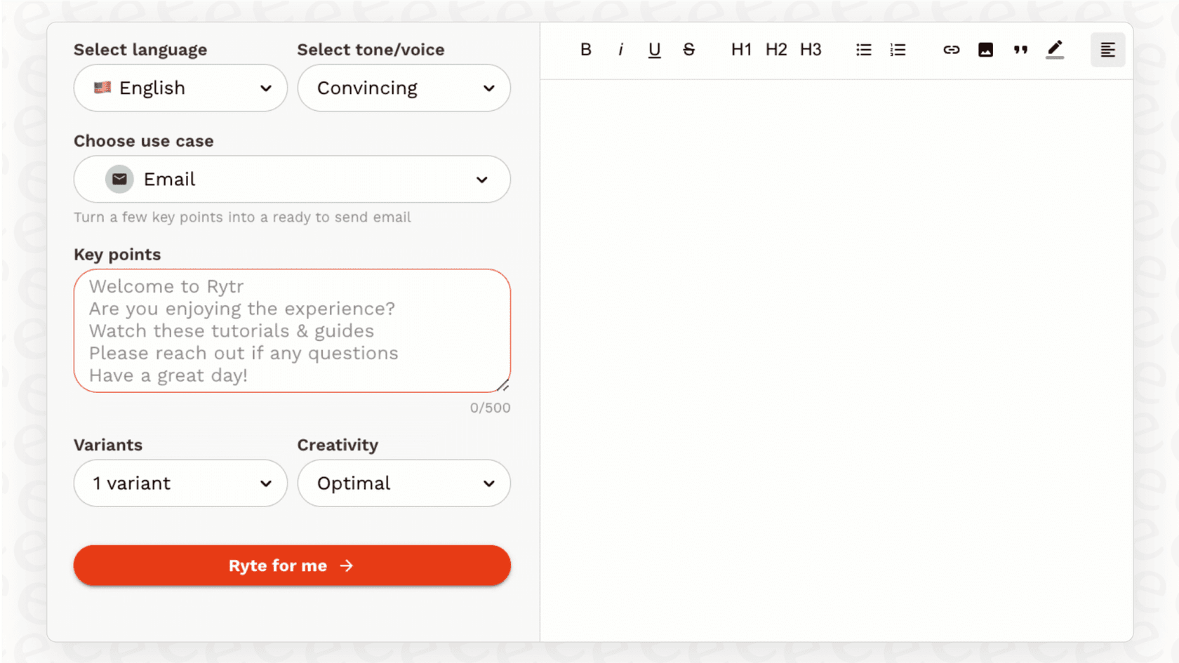 A screenshot for a Rytr overview, displaying the simple interface for generating AI content by choosing a tone and use case.