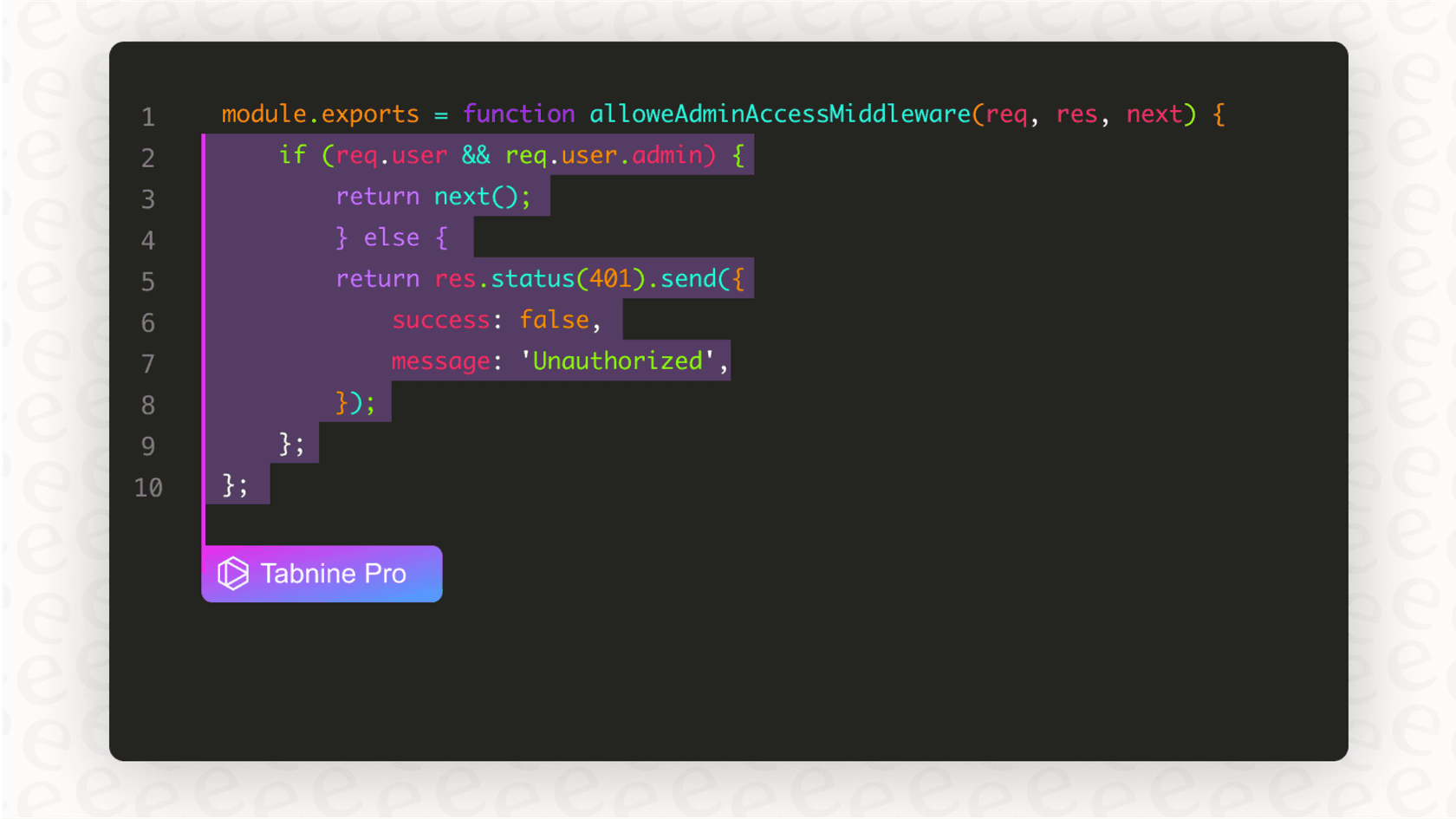 A screenshot for a Tabnine overview displaying the AI coding assistant integrated into a popular IDE and suggesting code.