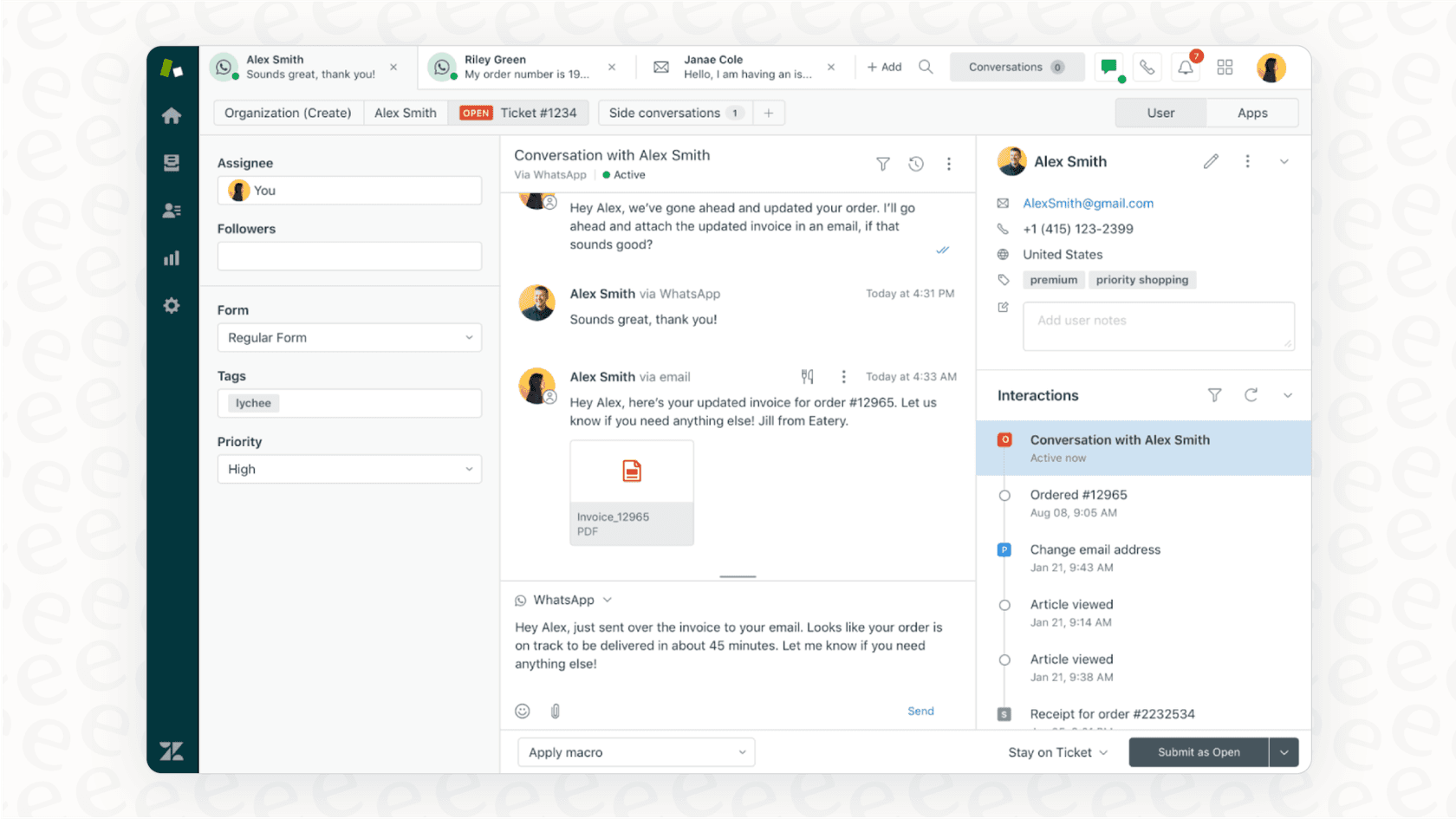 Screenshot illustrating the ticket-centric interface of Zendesk for the Zendesk vs Kustomer analysis.