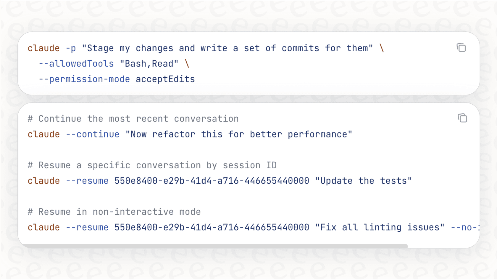 A screenshot of a shell script that uses the -p flag to run Claude Code automation for a refactoring task without direct user input.