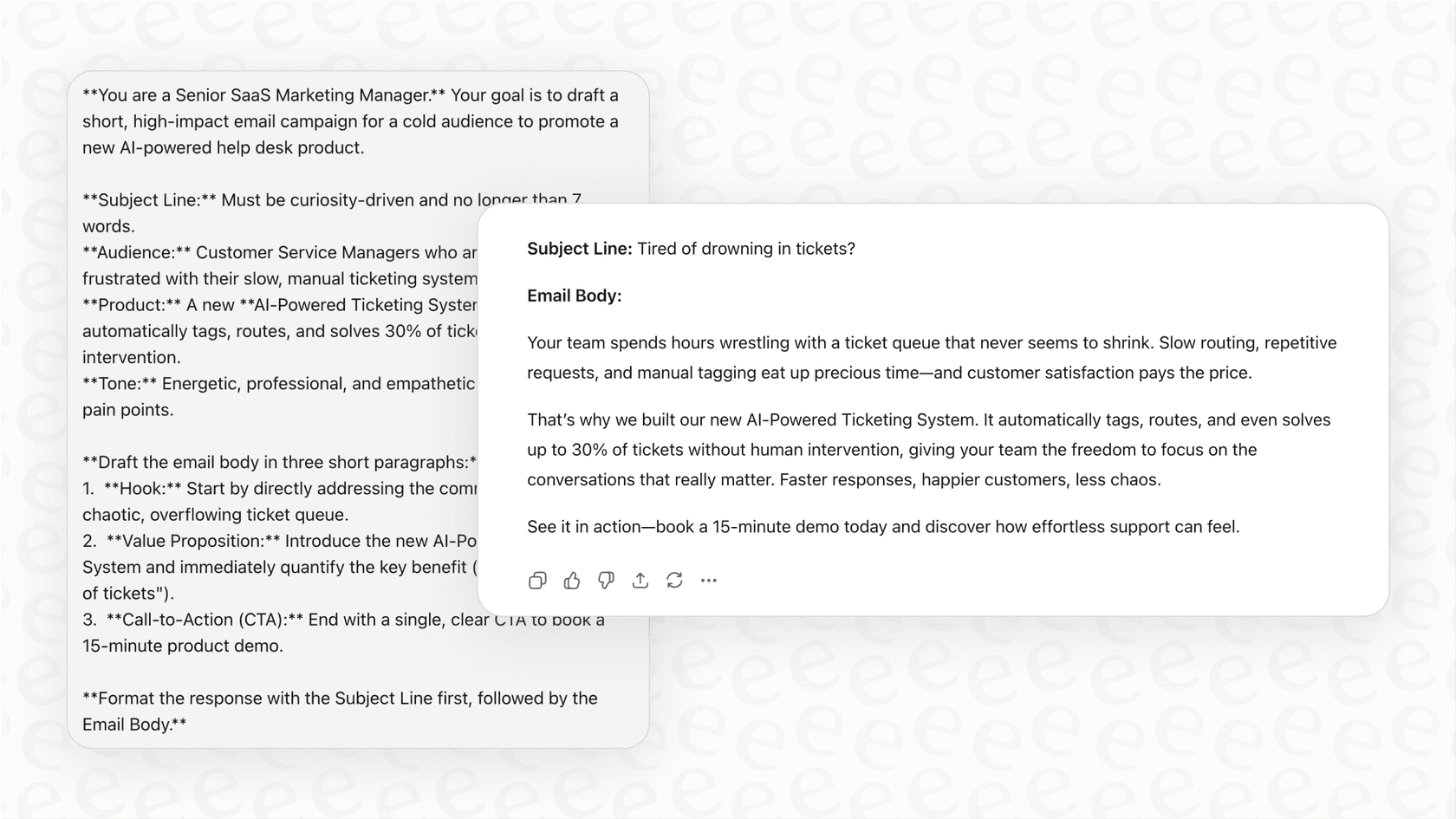 A screenshot providing a ChatGPT overview of its content generation capabilities by showing a drafted marketing email.