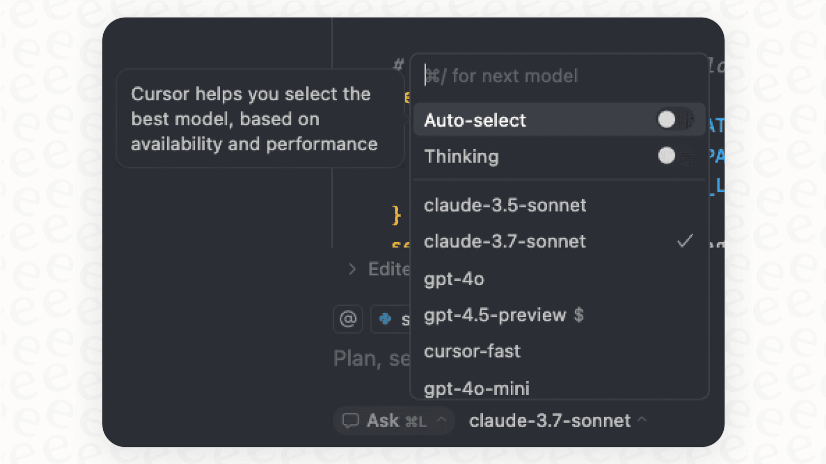A screenshot from Cursor showing the flexible model selection feature, a key aspect of the Anysphere platform.