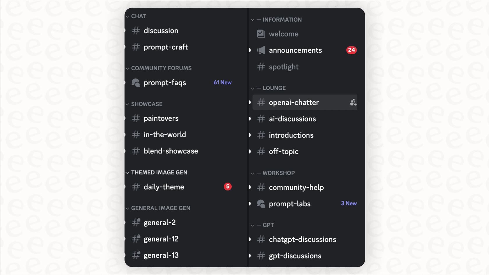 A screenshot for a Discord overview showing ideal channel setup for a business, including support, feedback, and announcement channels.