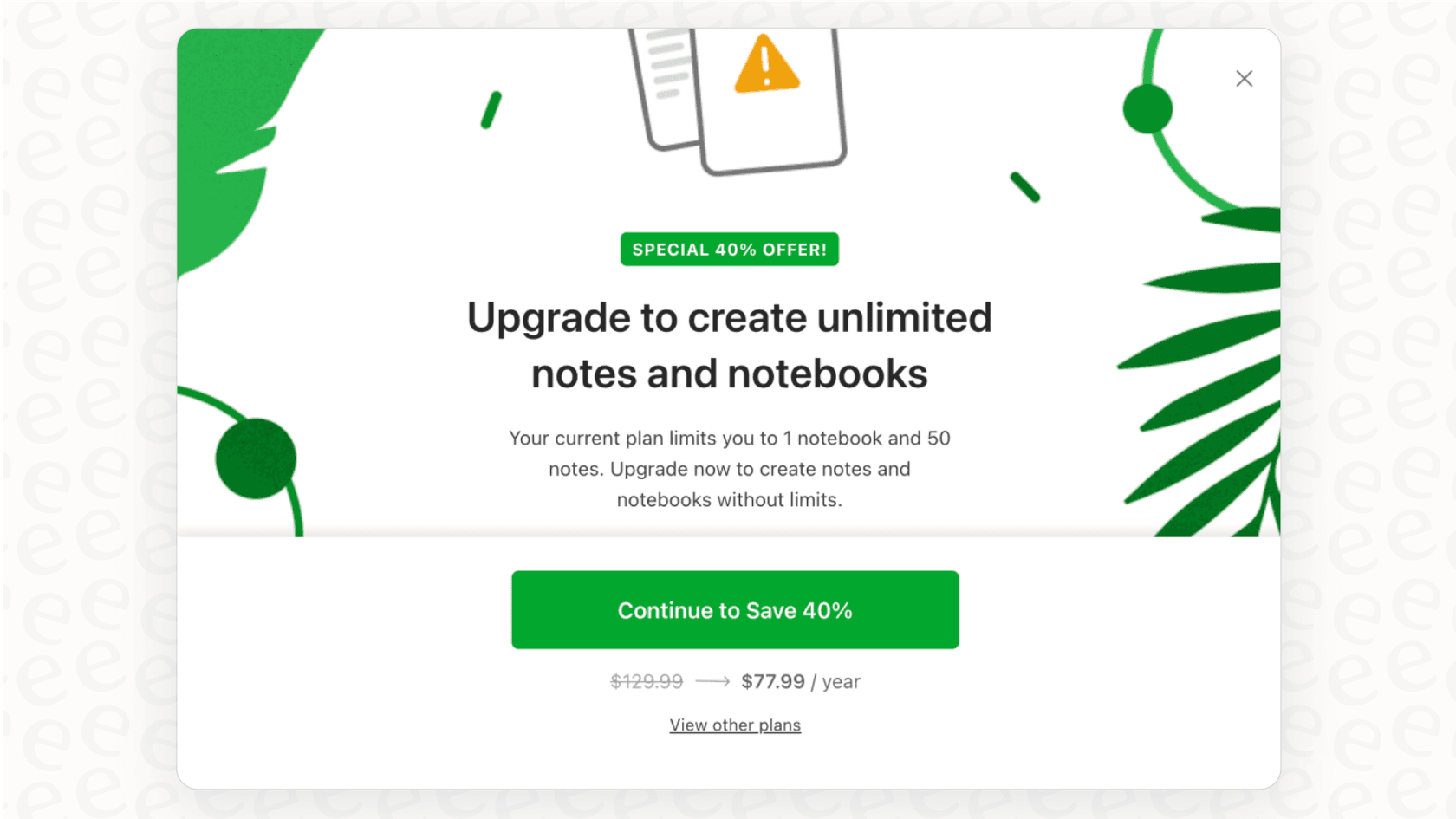 Screenshot showing the restrictive features of the free Evernote pricing tier, including the note and notebook limits.