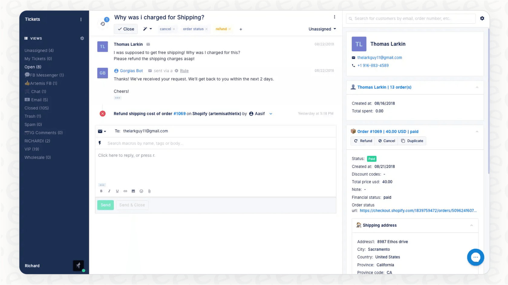 A screenshot of the Gorgias dashboard, where a Gorgias order status bot can be integrated to manage customer tickets.
