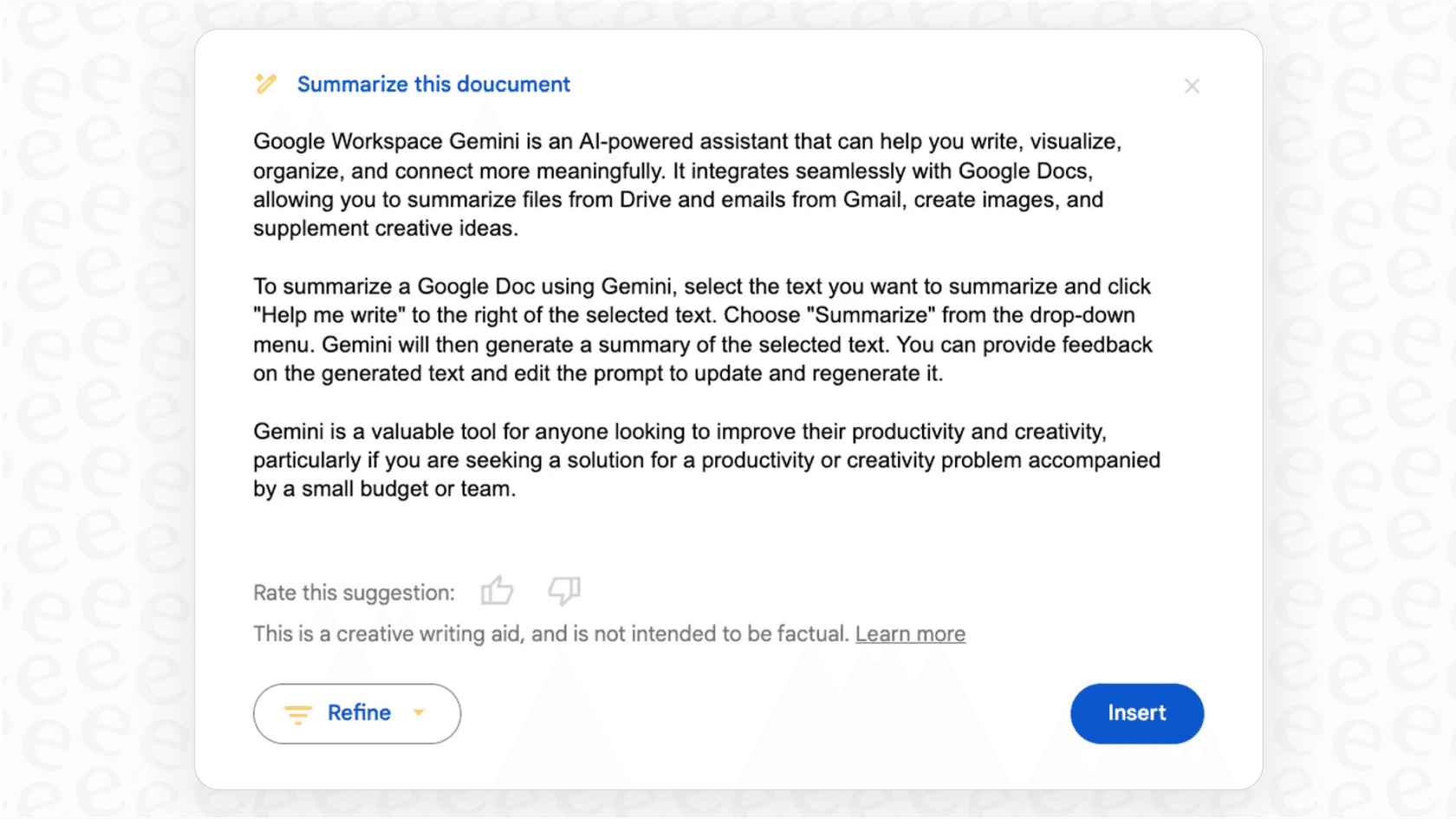 A screenshot of the Gemini AI interface processing a large PDF file and generating a concise summary, highlighting its large context window.