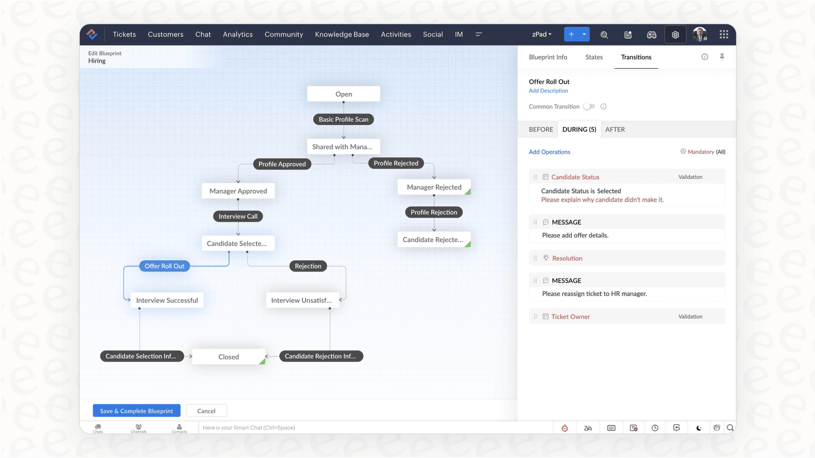 A screenshot of the Zoho Desk Blueprint feature, a visual workflow builder available in higher Zoho Desk pricing plans.