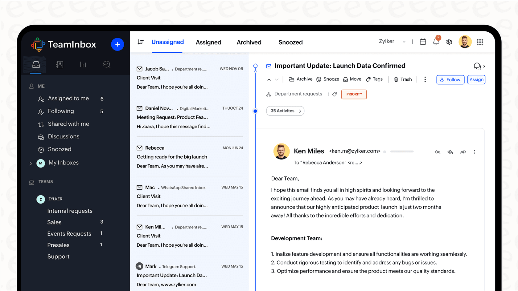 A screenshot of the Zoho Desk unified inbox, a key feature in many Zoho Desk reviews.