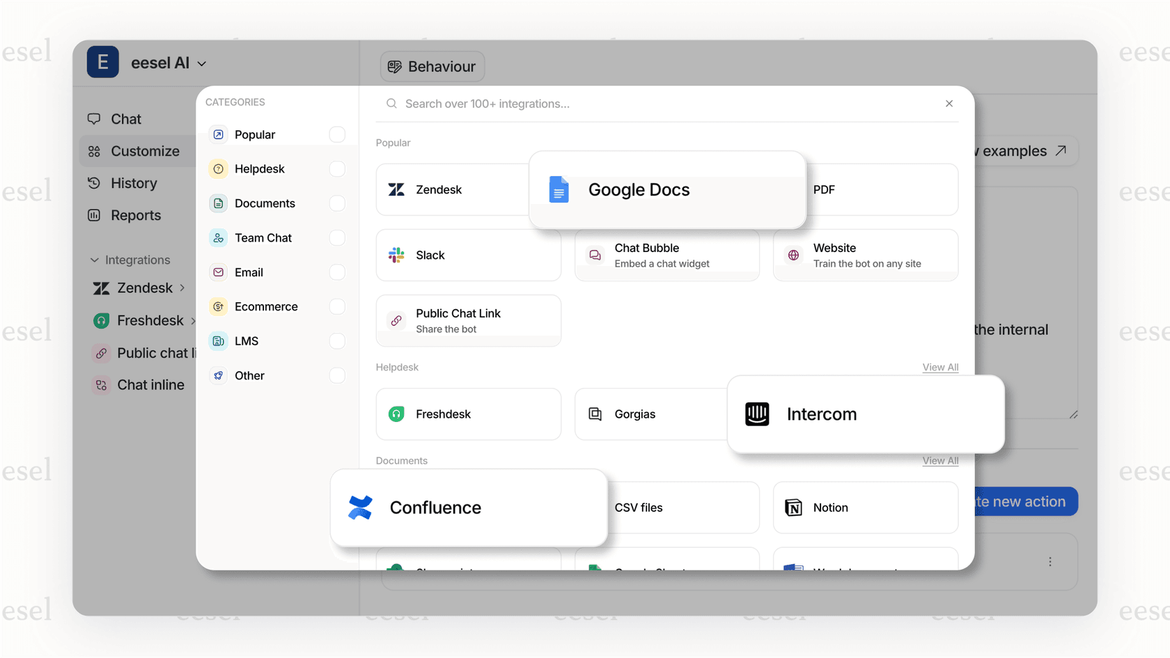 A screenshot showing the variety of platforms that eesel AI integrates with to enhance CRM management tools.
