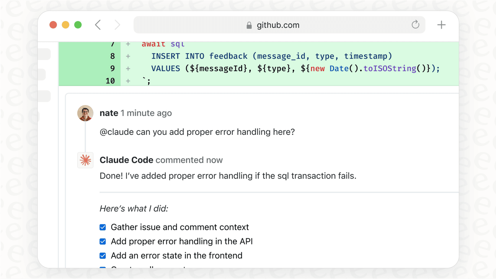 A screenshot of a GitHub pull request with an automated code review comment generated by a Claude Code automation workflow.