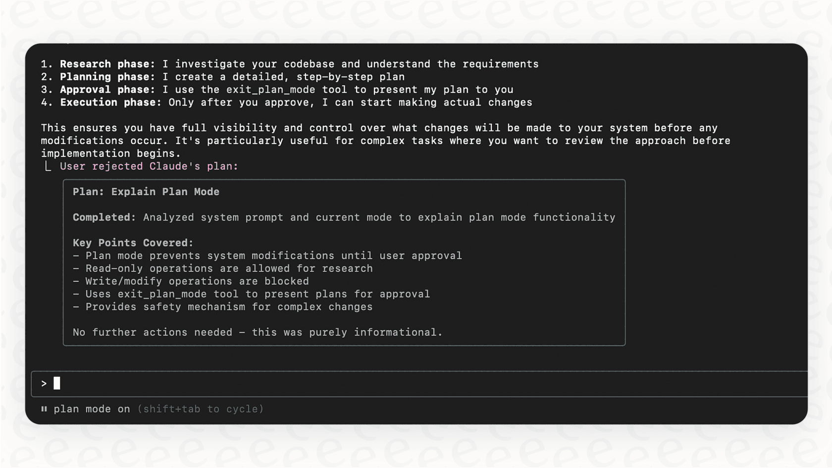 Screenshot of the Claude Code "plan mode" feature, displaying a detailed, step-by-step outline for a refactoring task before any code is written.