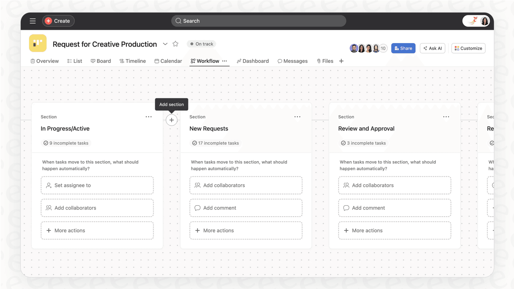 A screenshot for this Asana overview demonstrating the Workflow Builder, which allows teams to automate repetitive tasks and processes.