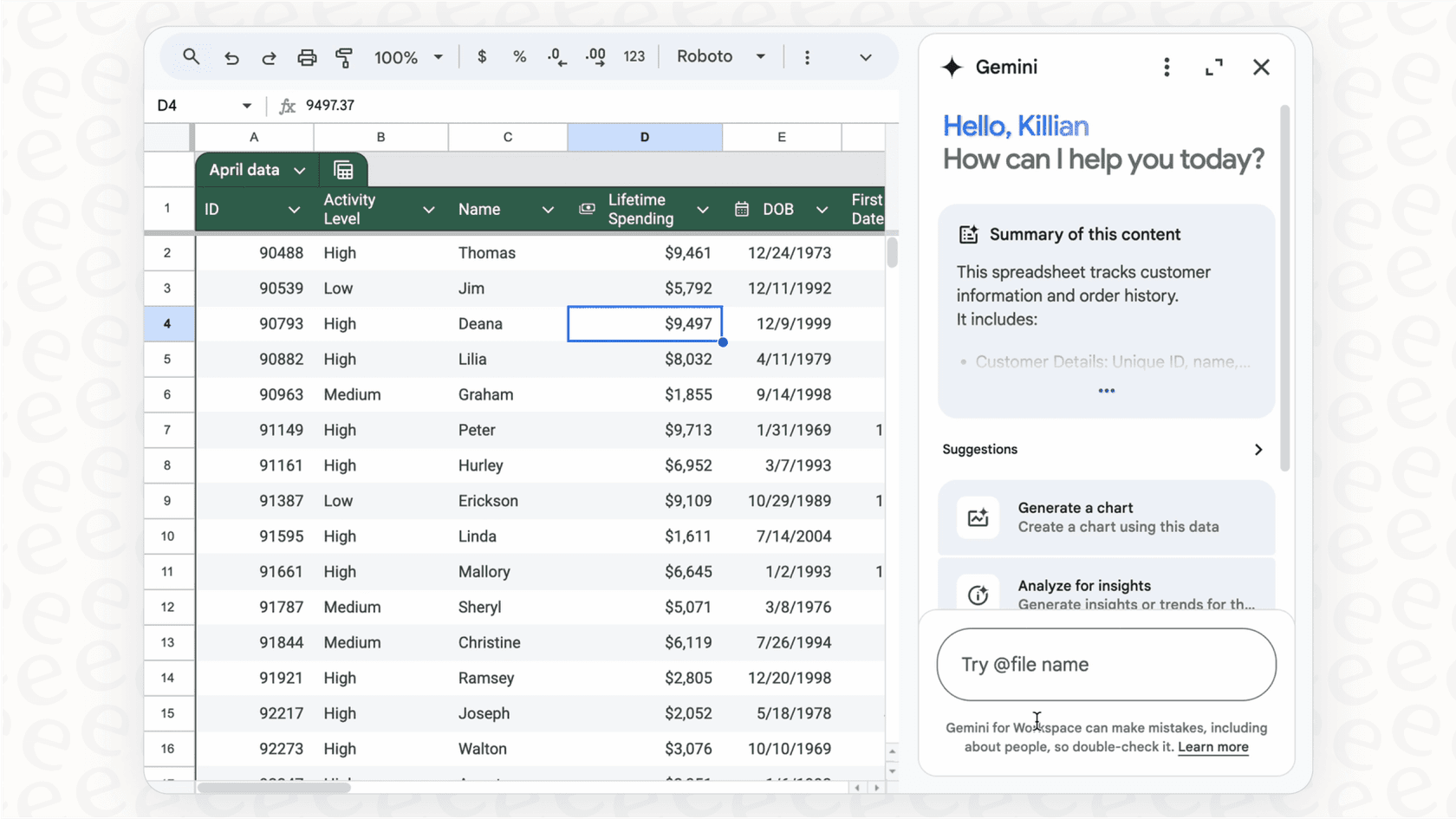 A screenshot of Gemini for Google Workspace in Google Sheets building a project tracker table based on a simple text command from the user.