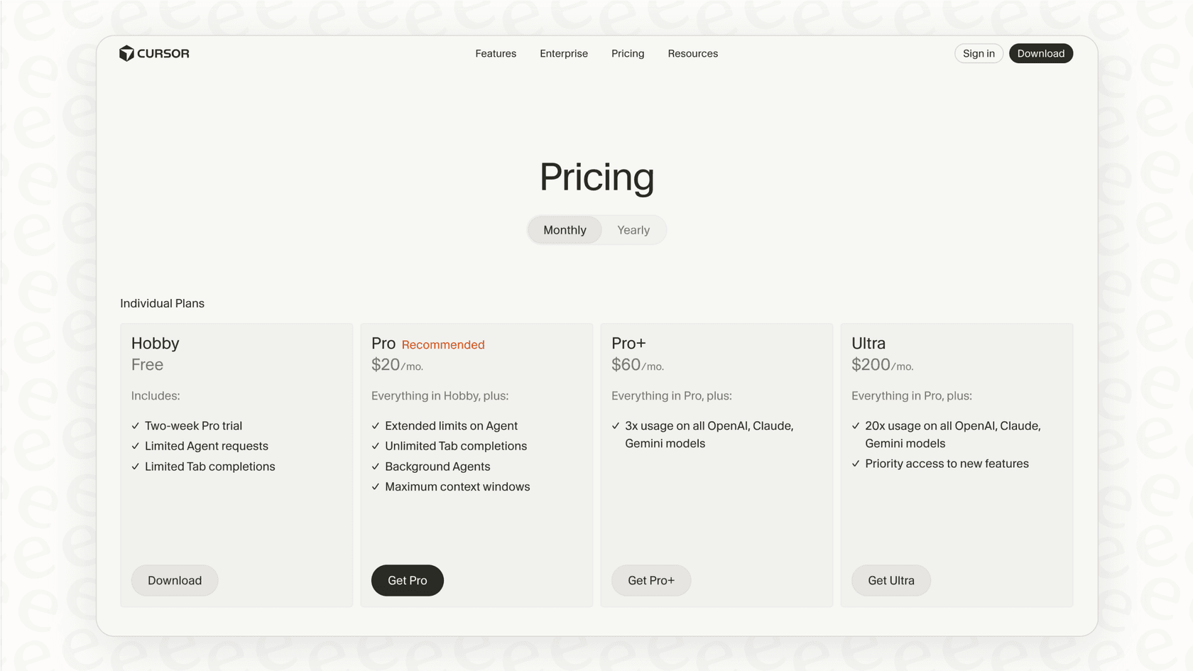 A screenshot of the Anysphere Cursor pricing page, showing the different plans available.