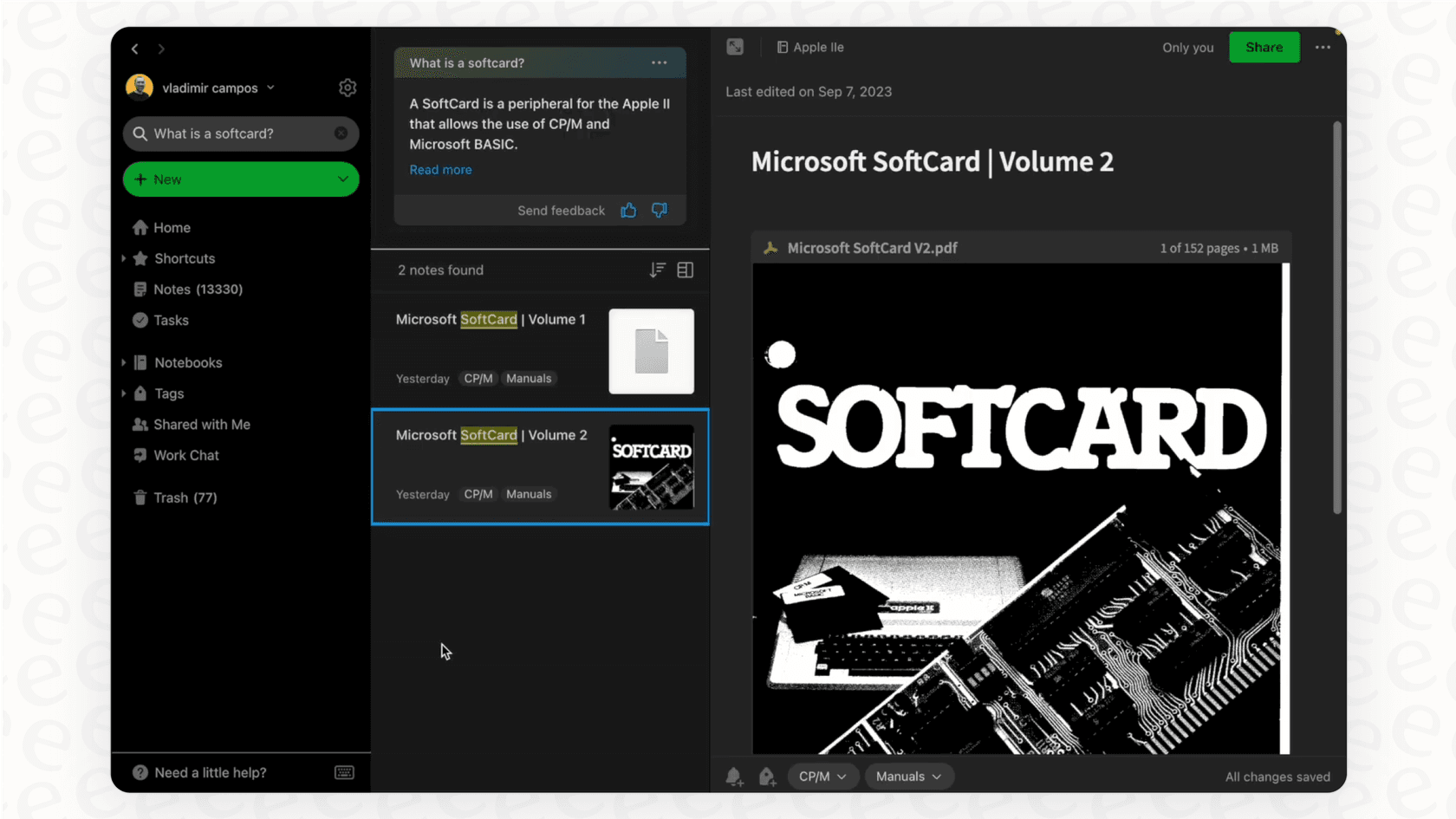 A screenshot of Evernote's AI-Powered Search, available on the Advanced plan.