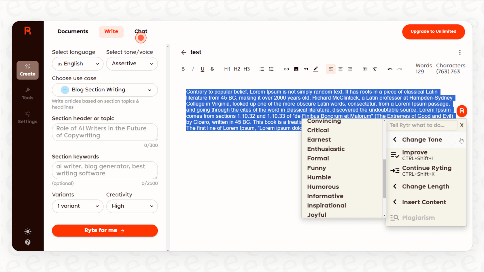 A close-up screenshot for a Rytr overview, demonstrating the contextual menu for editing and improving text directly within the platform.