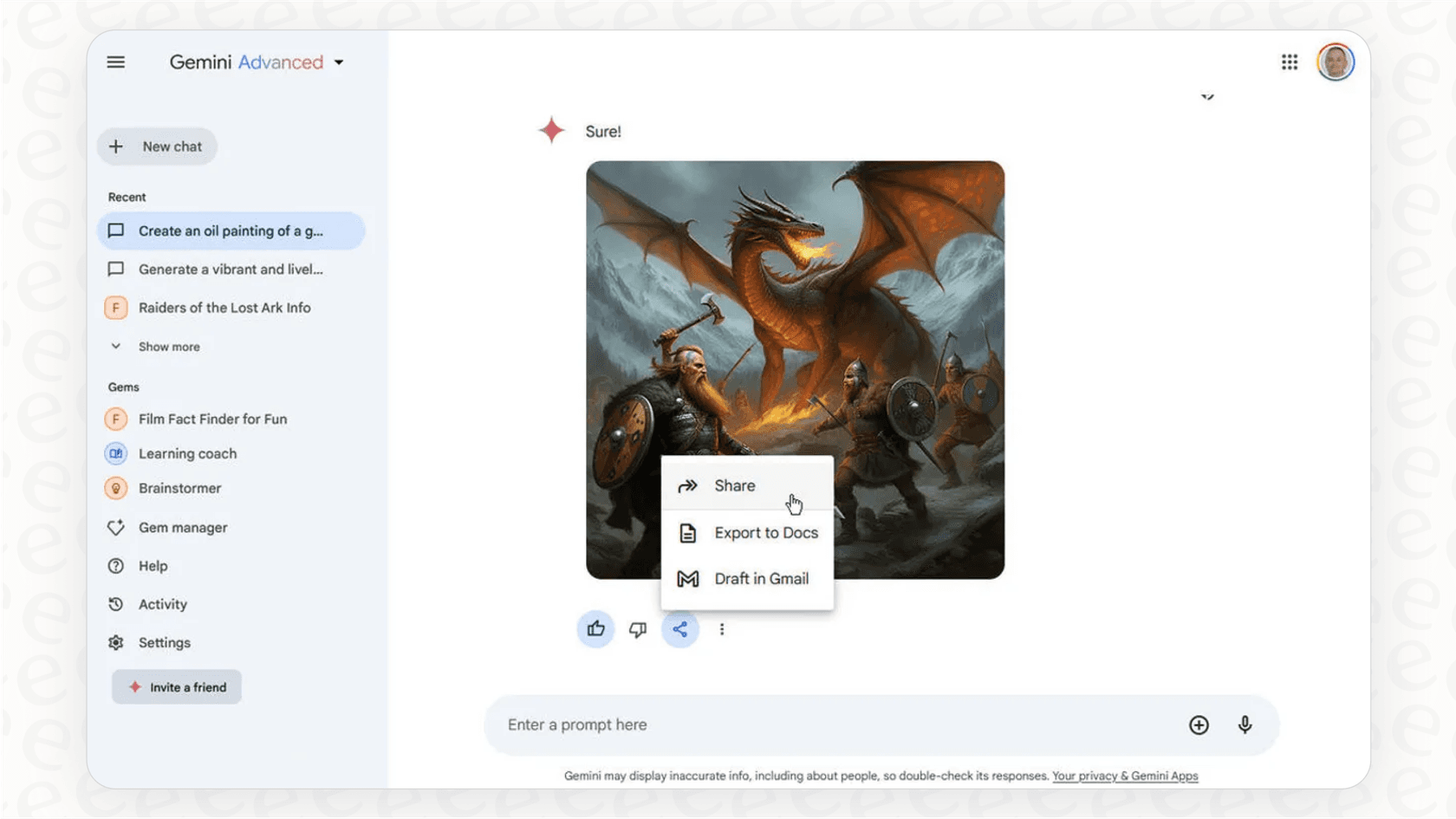 A screenshot of the Gemini AI interface where a user has entered a descriptive prompt and the AI has generated a high-quality, relevant image.