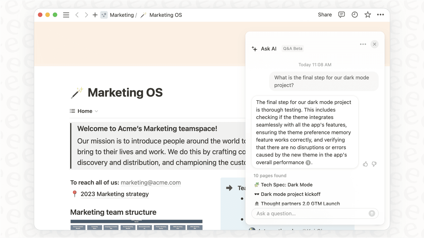 The Q&A feature of the Notion AI assistant answering a question by pulling information from connected apps like Slack.