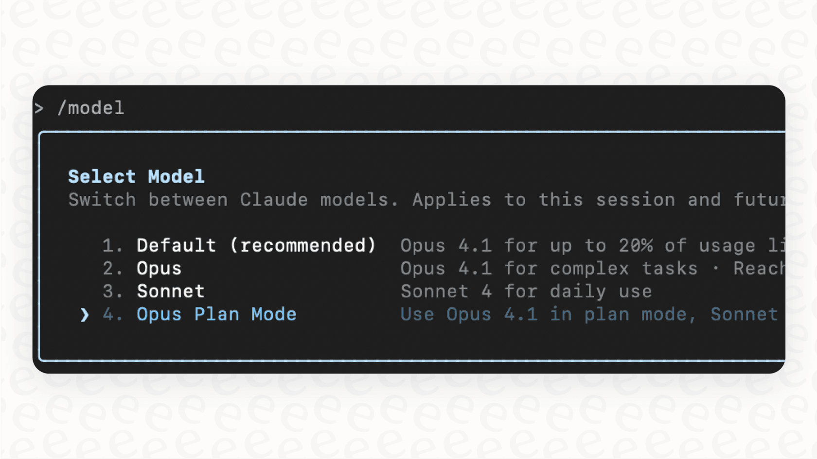 A screenshot of a command line interface demonstrating the Claude Code model selection process by using the